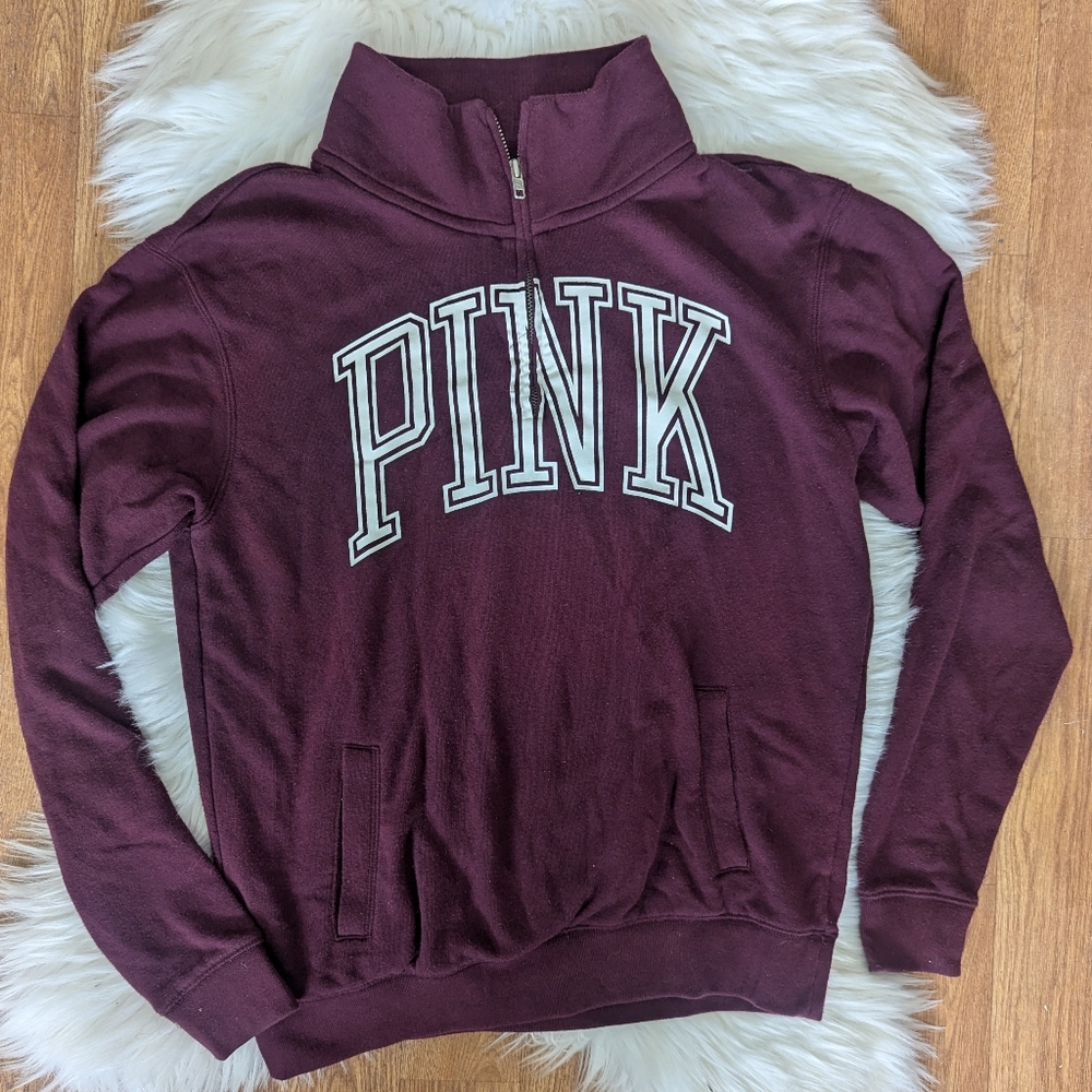 PINK Victoria's Secret Maroon Pull Over Partial Zip Sweatshirt Collegiate Print